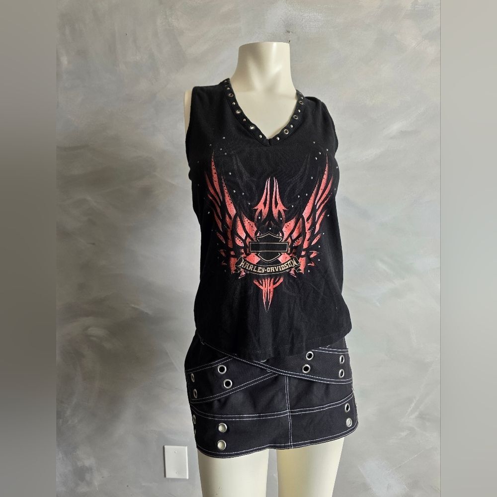 Vtg Harley-Davidson Bling Moto Wings Laced Back Tank Sz L Grommet V Neck